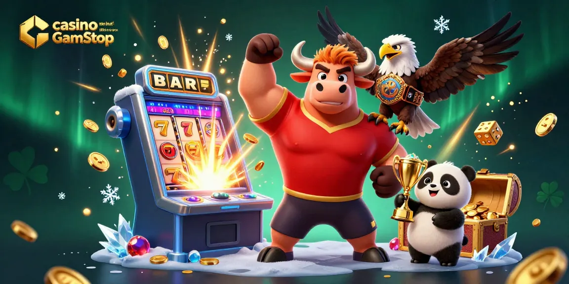Engaging illustration showcasing casino and betting sites not on GamStop, featuring a bull mascot, eagle, and panda.