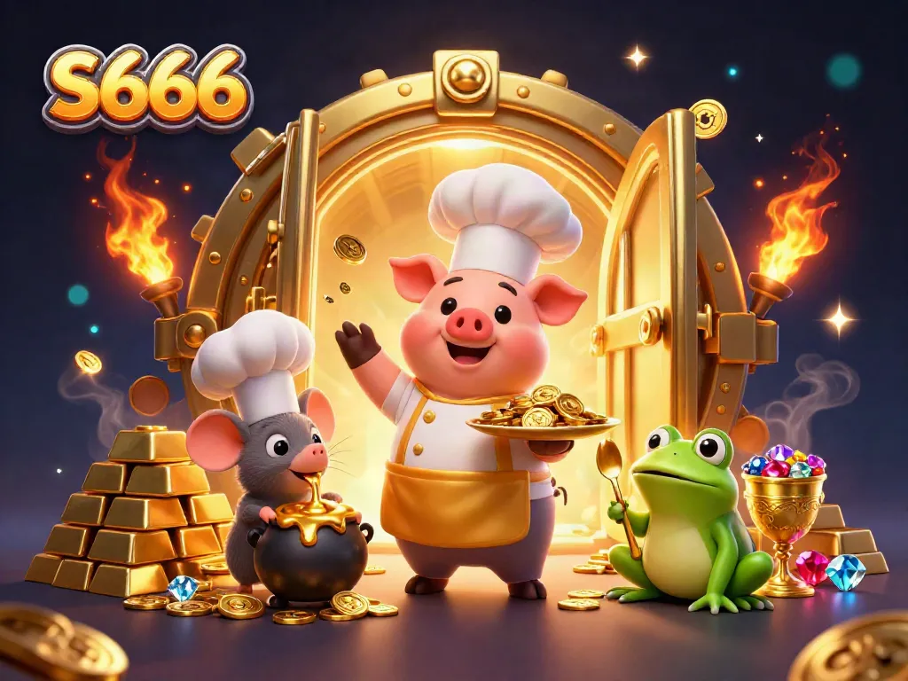 S666 chef pig serves gold coins while a mouse and frog enjoy the treasure in a lively casino atmosphere.
