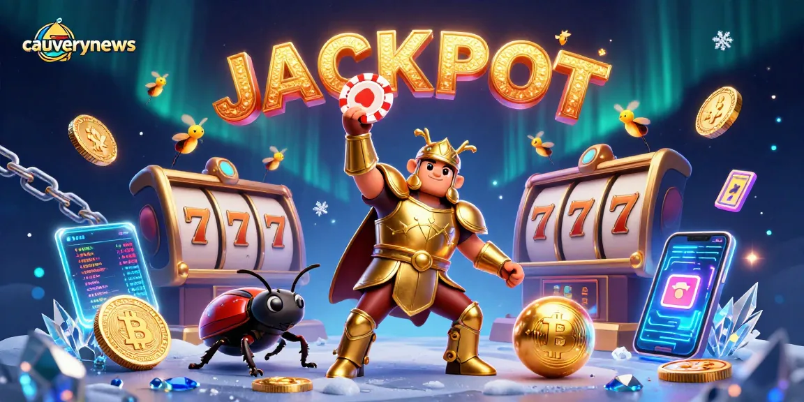 Experience the thrilling jackpot scene at cauverynews with a victorious beetle hero lifting a poker chip.