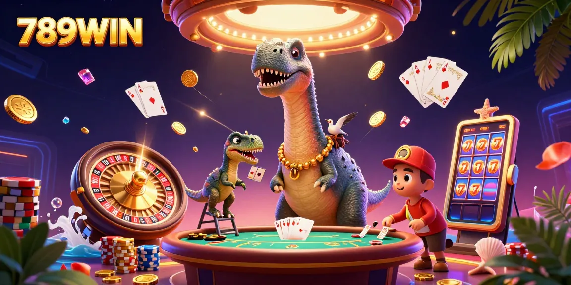 Experience thrilling gaming at 789WIN with a dynamic casino scene featuring a towering brontosaurus.