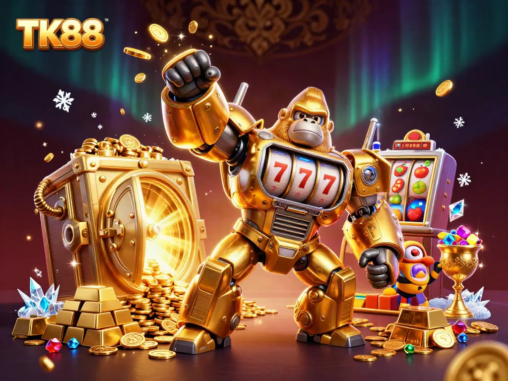 Experience TK88's vibrant gaming universe with a golden gorilla mech and dynamic slot elements.