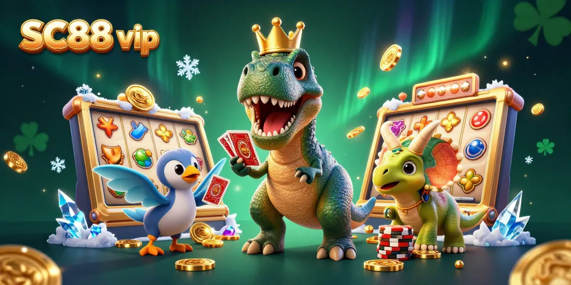 Stack winnings with SC88 vip featuring a T-Rex shuffling cards and a triceratops stacking chips in a casino.