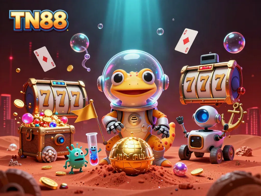Experience the TN88 casino adventure with a Martian gecko uncovering buried treasures and vibrant slot symbols.