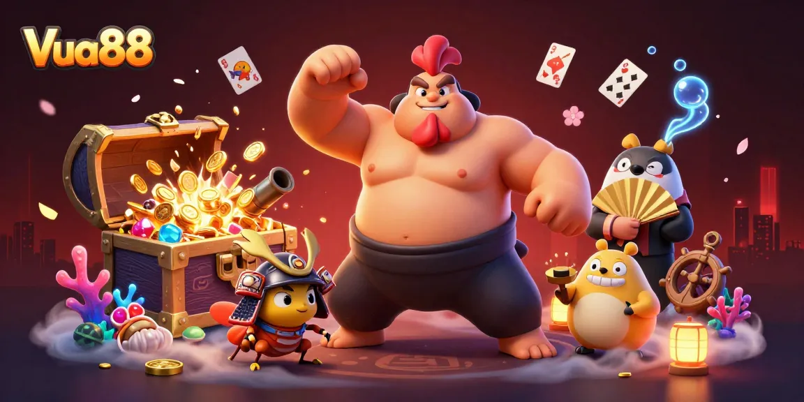 Join the action with Vua88's dynamic gaming scene featuring casino-themed characters and treasures.