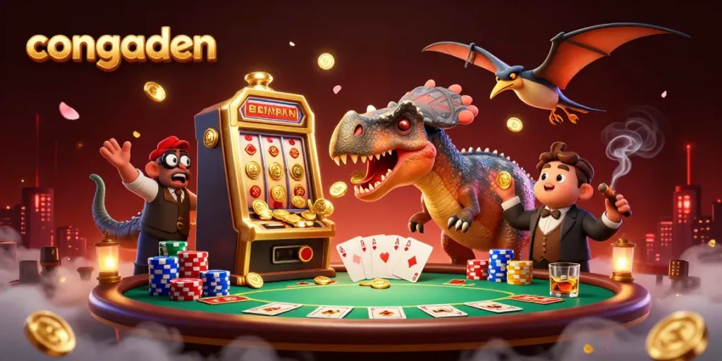 Experience the thrill of live cockfighting and casino fun with Congaden in this dynamic 3D scene.