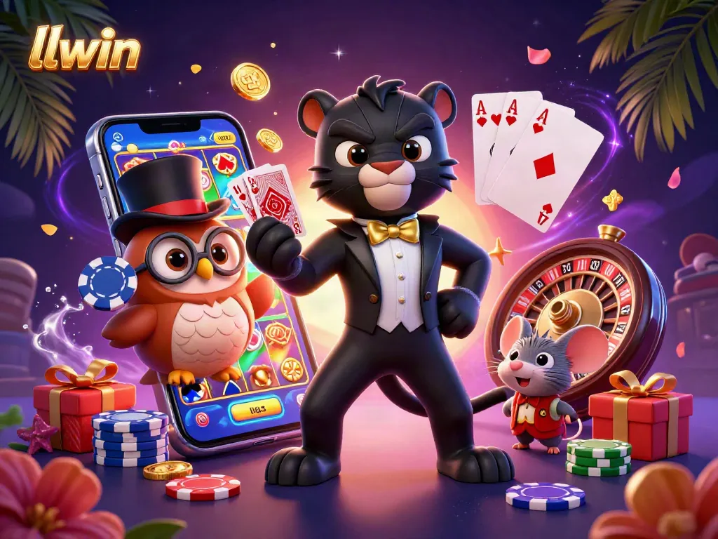 Experience thrilling casino gameplay with llwin, where a stylish black panther deals cards among vibrant gaming elements.