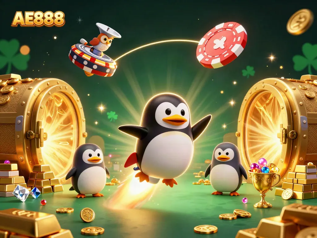 Experience the excitement at AE888 Casino with a rocket-powered penguin amid treasures and luck.
