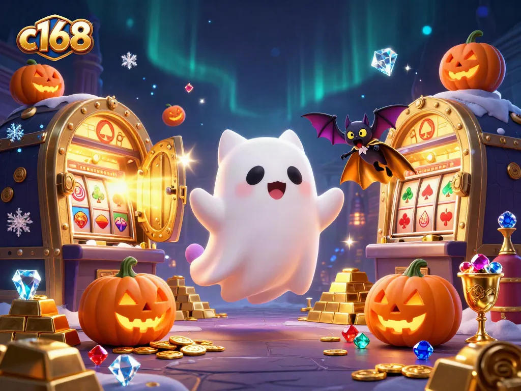 c168 casino scene featuring a floating ghost cat and treasure in a haunted mansion.