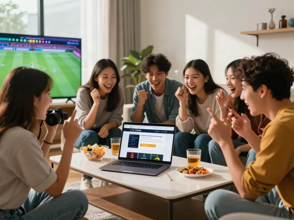 Engaging online betting at trang chủ vin88 with friends in a lively living room.