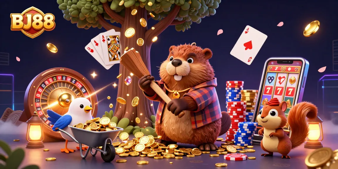 Spin and win with BJ88 in this vibrant 3D casino scene featuring golden coins and exciting game elements.