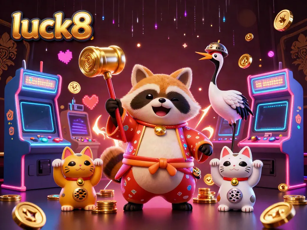 Play games with luck8, featuring lively tanuki and maneki-neko in a colorful casino scene.