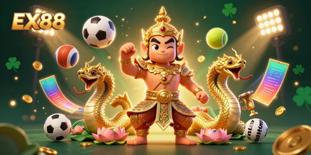Experience the excitement of wagering on EX88 with vibrant casino elements and lively characters.