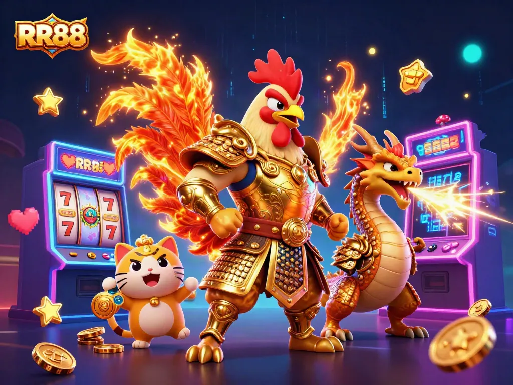 Engage with RR88's vibrant slots and exciting gaming adventures in this 3D illustration.