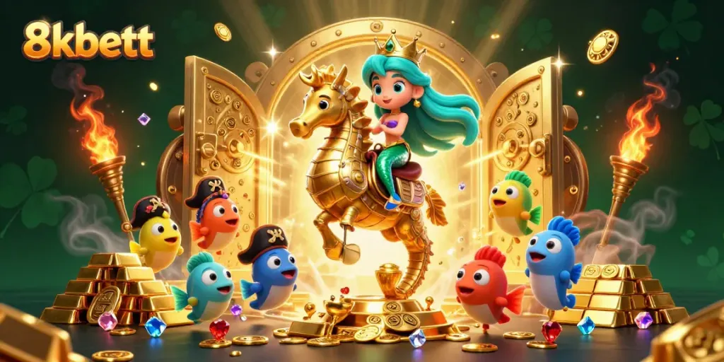 Engage with 8kbett's thrilling casino atmosphere featuring a mermaid and seahorse in an enchanted treasure scene.