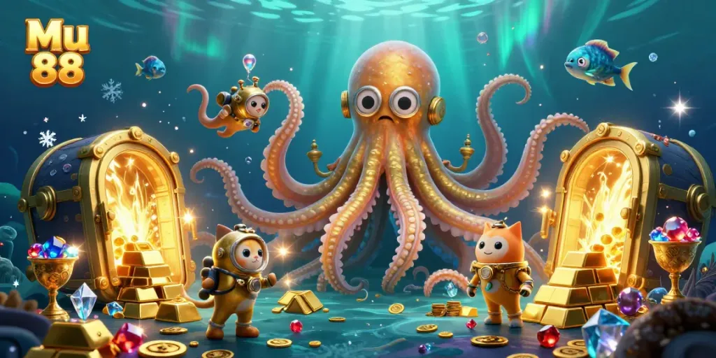 Engage with Mu 88's thrilling casino experience illustrated through a vivid kraken scene.