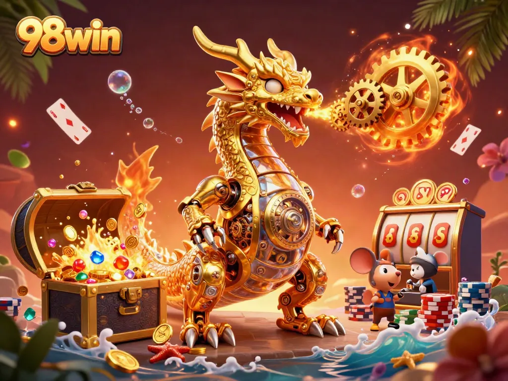 Engage with 98win in a vibrant casino-themed scene featuring a golden dragon, treasure, and slot elements.
