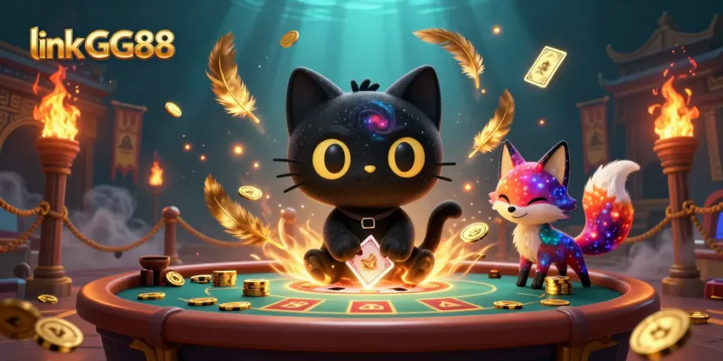 Engage in thrilling play with link GG88, a vibrant cosmic casino scene featuring a black hole cat and nebula fox.