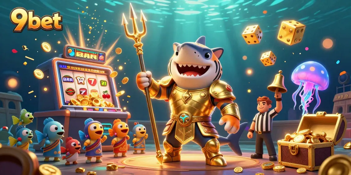 Engage in thrilling gameplay at 9bet featuring a dynamic underwater casino scene with vibrant characters and gaming elements.
