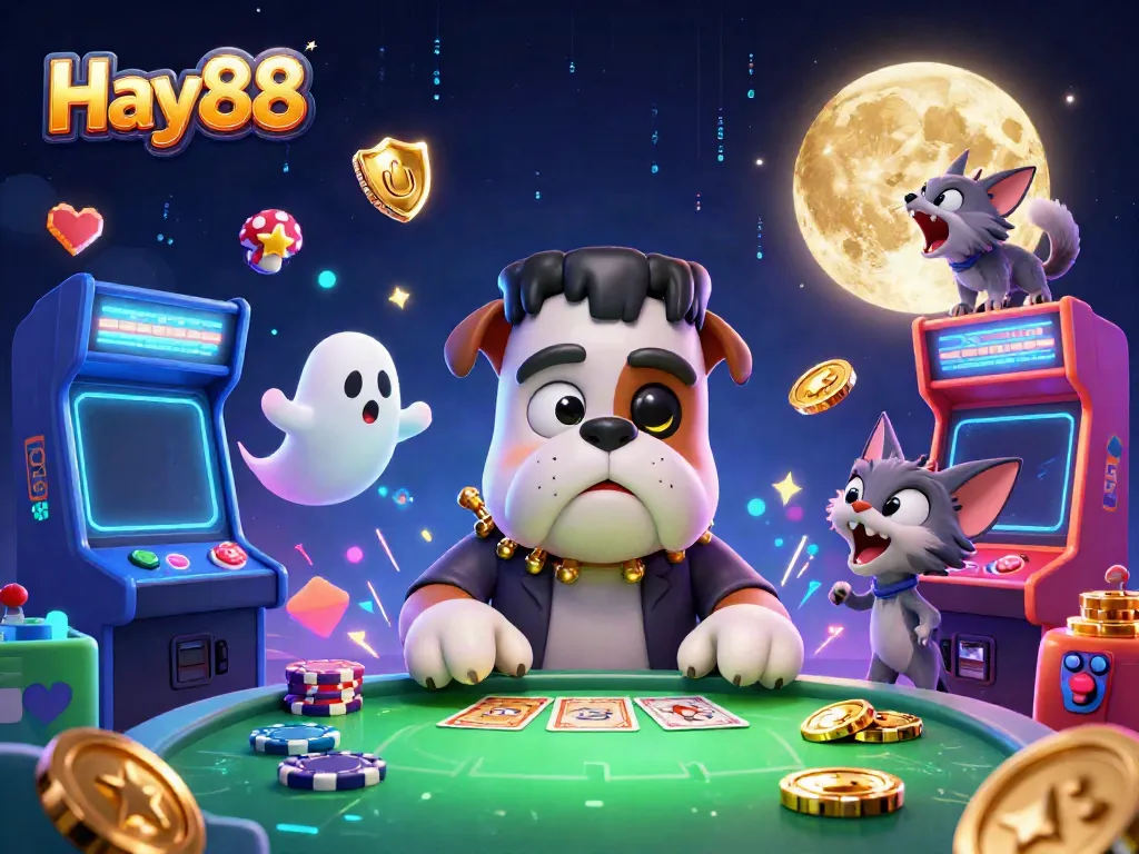 Experience Hay88's thrilling gaming adventure with a Frankenstein bulldog and spooky characters at a vibrant casino table.