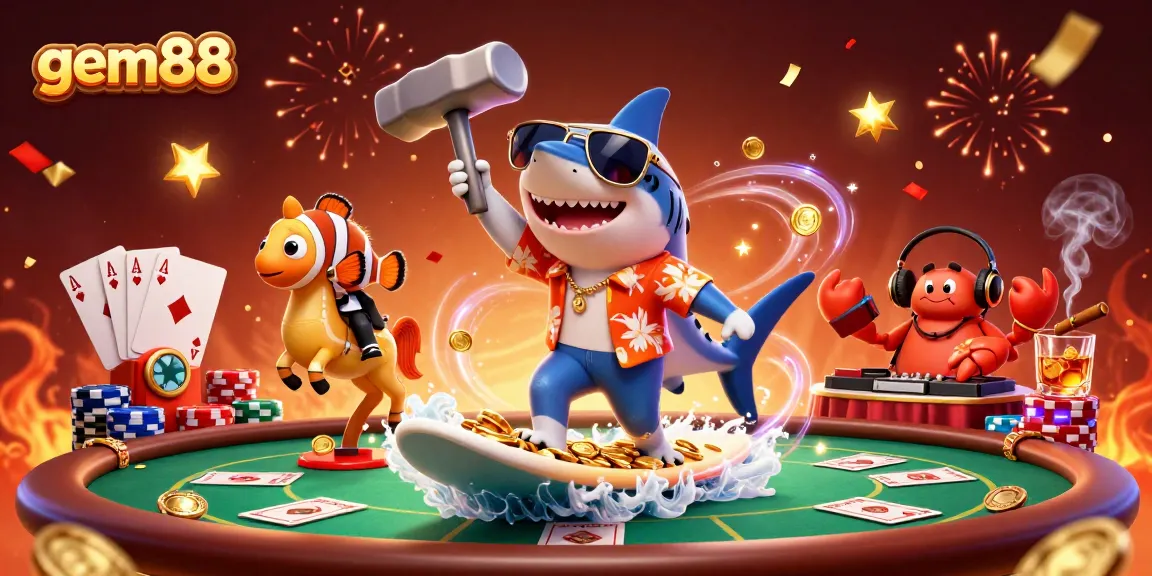 Experience gem88's thrilling casino adventure with vibrant characters and poker elements in action.