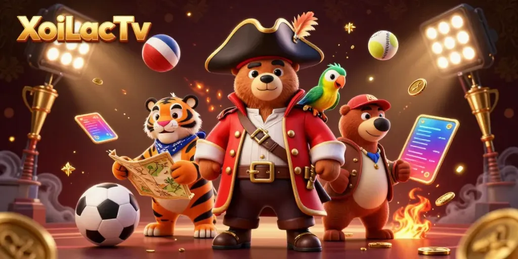 XoiLacTv showcases a dynamic pirate-themed sports betting scene filled with animated game elements and characters.