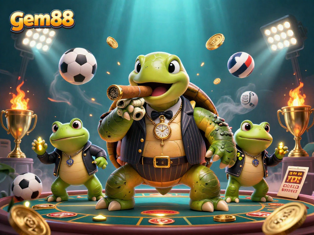 Bet on gem88 with dynamic casino atmosphere featuring a snapping turtle and lively sports elements.