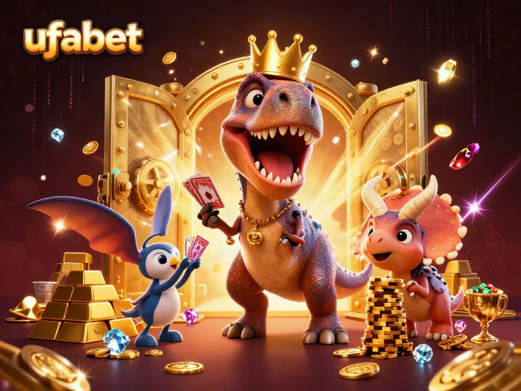 Win big at ufabet with a lively 3D cartoon scene featuring colorful characters and vibrant casino elements.