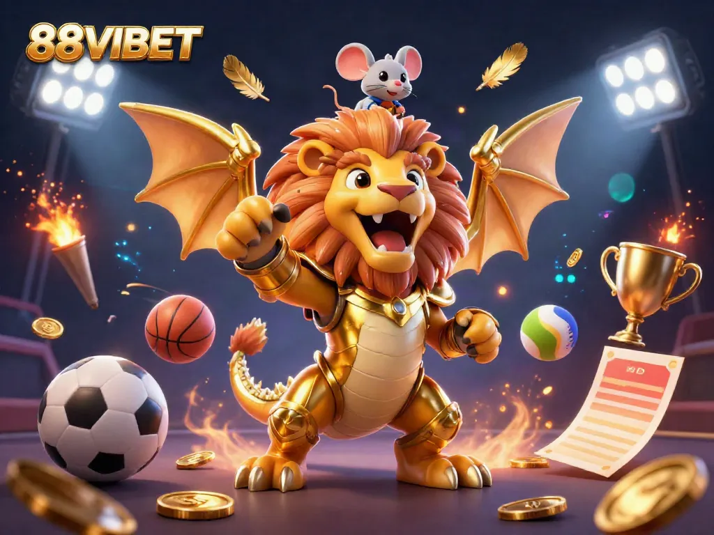 88VBET featuring a powerful chimera and mouse jockey in a dynamic betting scene filled with sports and casino elements.