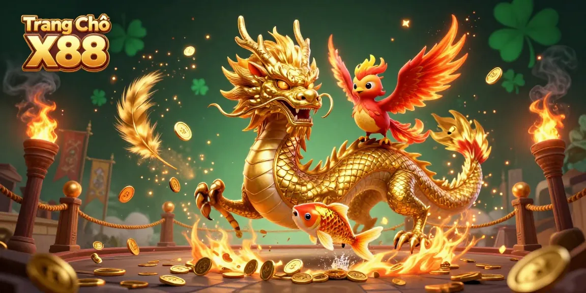 Engage with Trang Chủ X88's thrilling experience featuring a dragon and phoenix in a vibrant casino scene.
