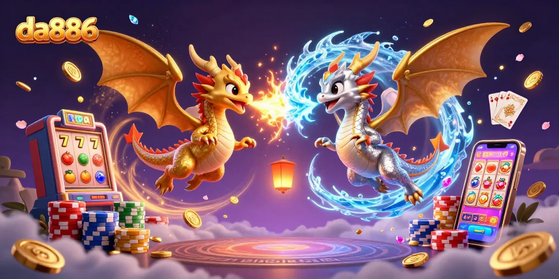Spin the reels with da886's animated dragons guarding jackpots amidst colorful casino elements.