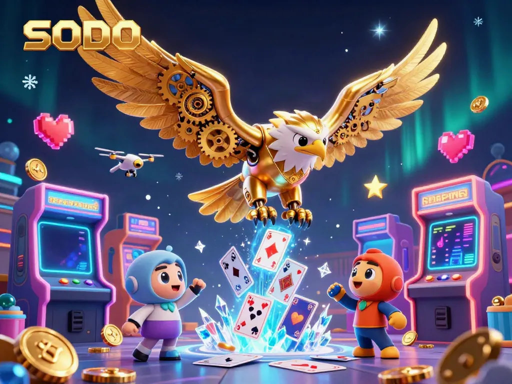 SODO showcases a magnificent cybernetic eagle in a vibrant casino atmosphere with vivid holographic elements.