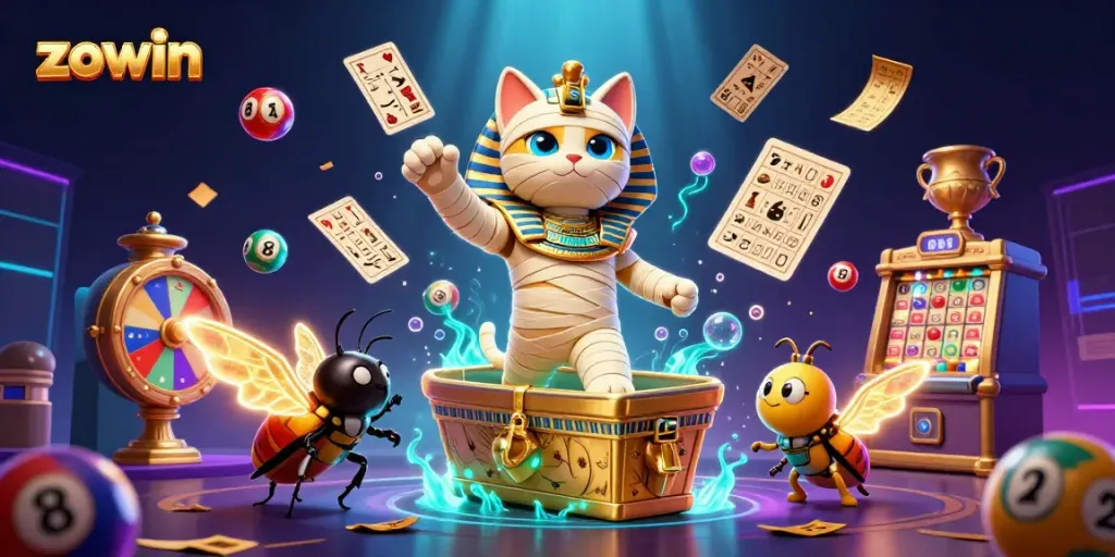 Experience the thrill of zowin with an exciting 3D casino scene featuring a mummy cat and vibrant lottery elements.