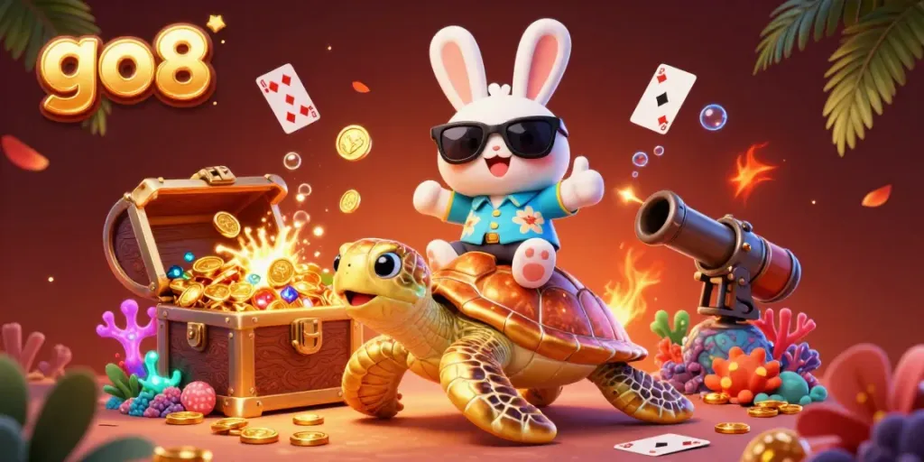 Experience gaming luck with go8's vibrant underwater scene, featuring a lucky rabbit and golden turtle.