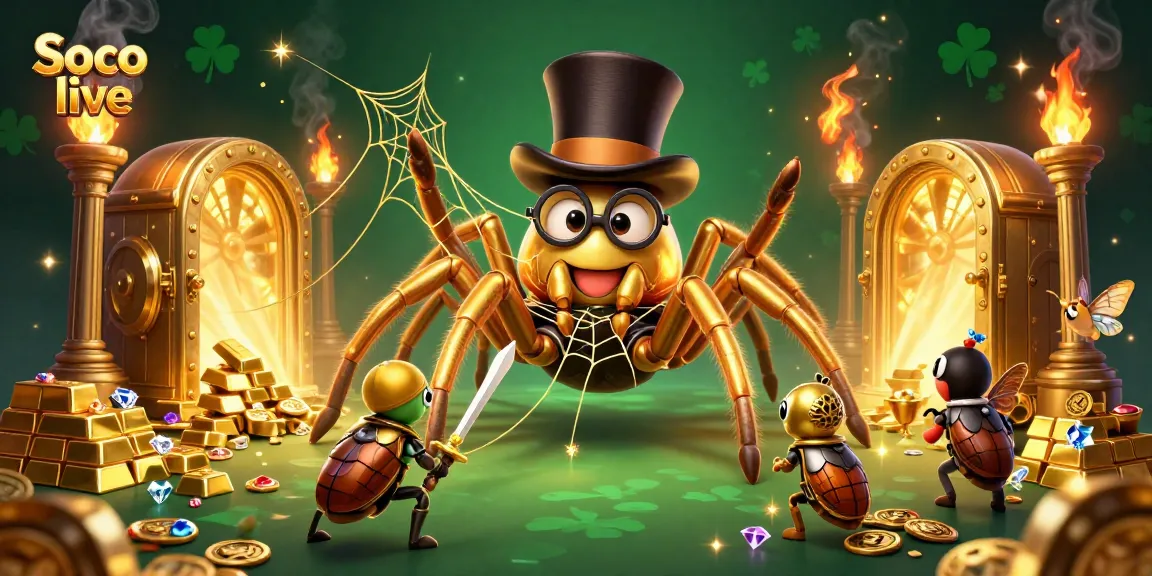 Soco live offers a thrilling 3D illustration depicting a golden tarantula weaving a web of fortune amidst casino treasures.