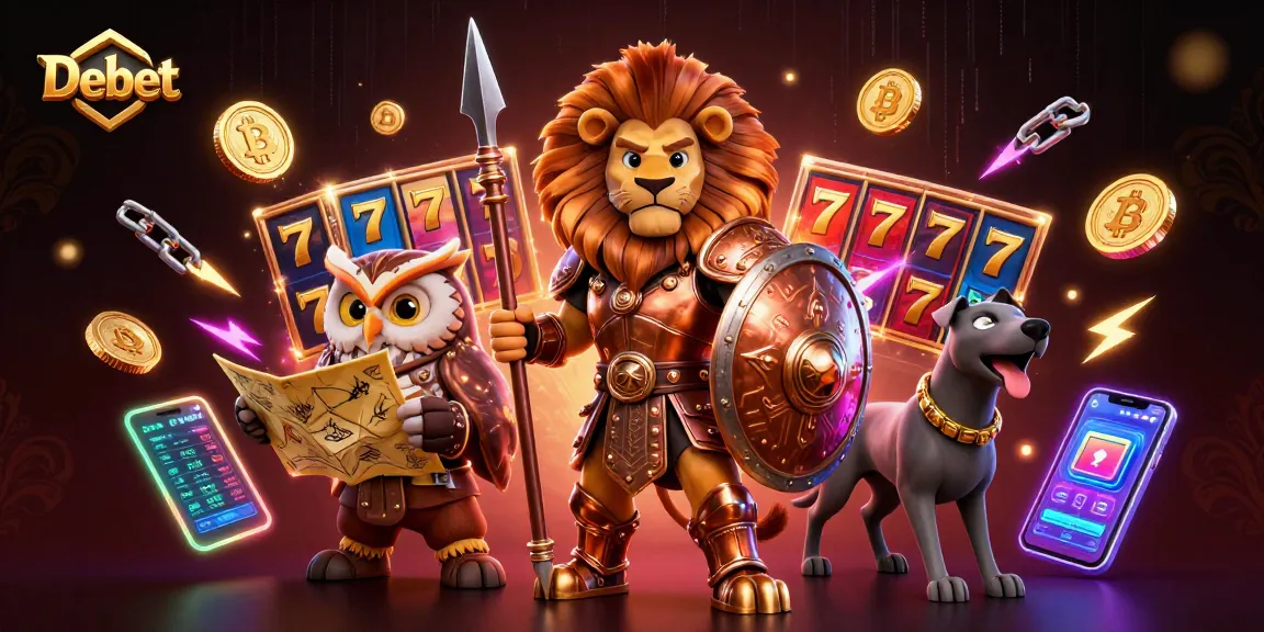 Engage in Debet gambling strategy with a vibrant 3D casino scene featuring a Spartan lion, an owl strategist, and a greyhound messenger.