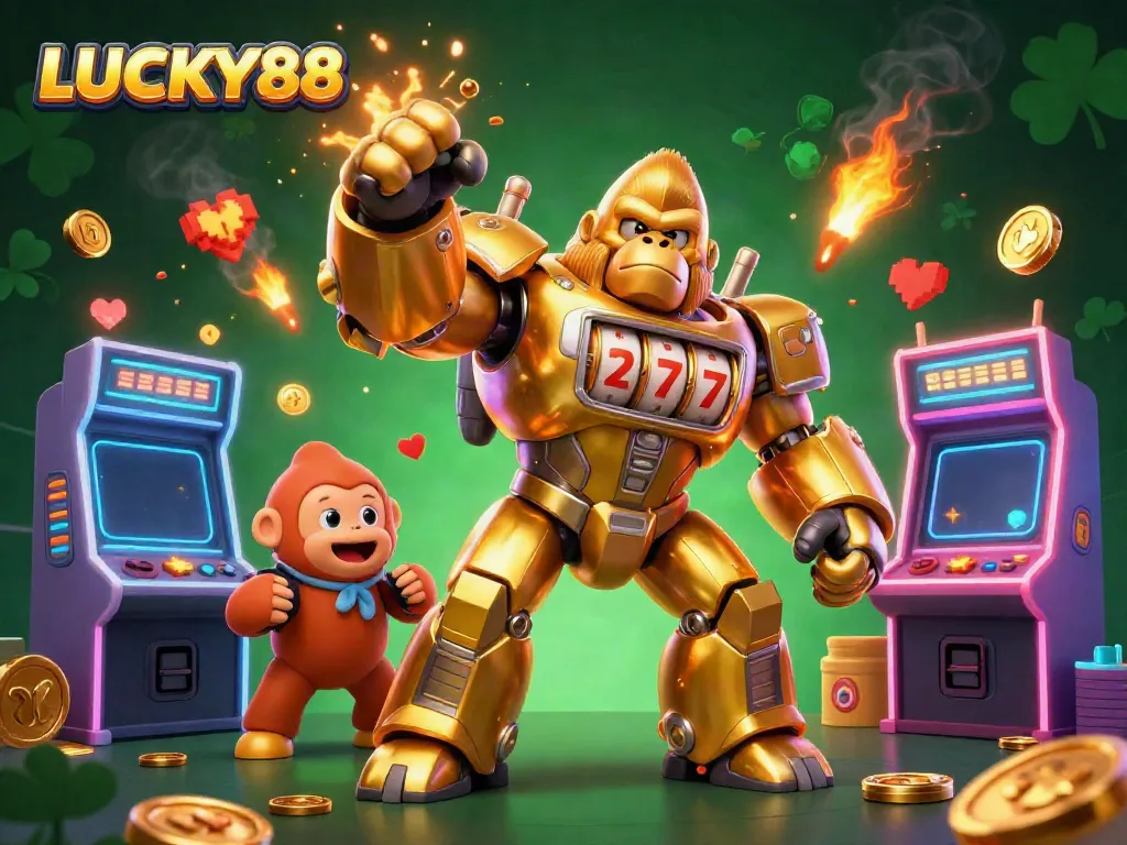 LUCKY88 golden gorilla mech surrounded by arcade games and dynamic casino elements.