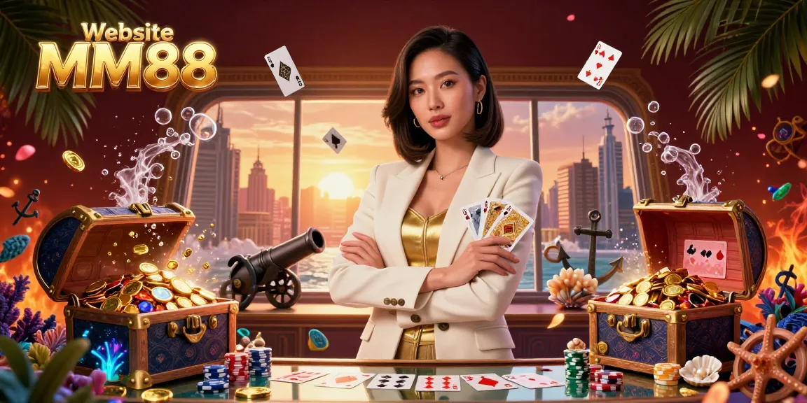 Engage the thrills of the Website MM88 with an elegant Asian woman showcasing her poker skills amidst a dazzling casino-themed background.