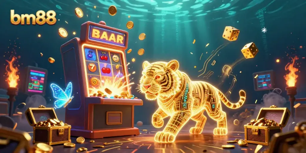 Experience thrilling online gameplay with bm88 as the neon-wireframe tiger explores a celestial casino landscape full of vibrant game elements.