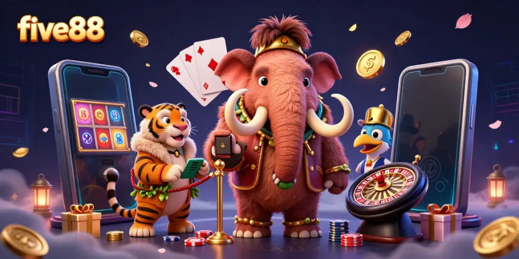 Exciting five88 scene showcasing a woolly mammoth checking IDs, with vibrant casino elements around.
