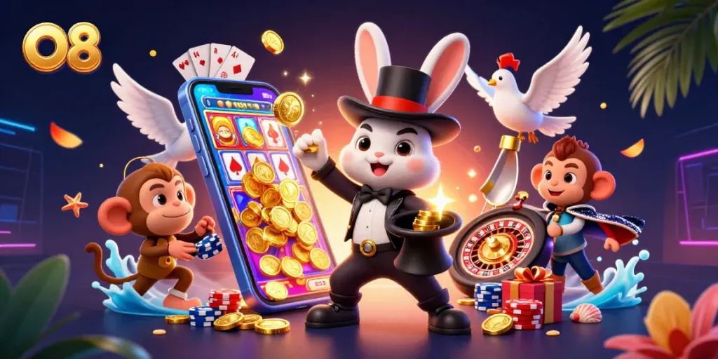 Win big at O8 with vibrant 3D casino characters, slot games, and exciting gambling elements.