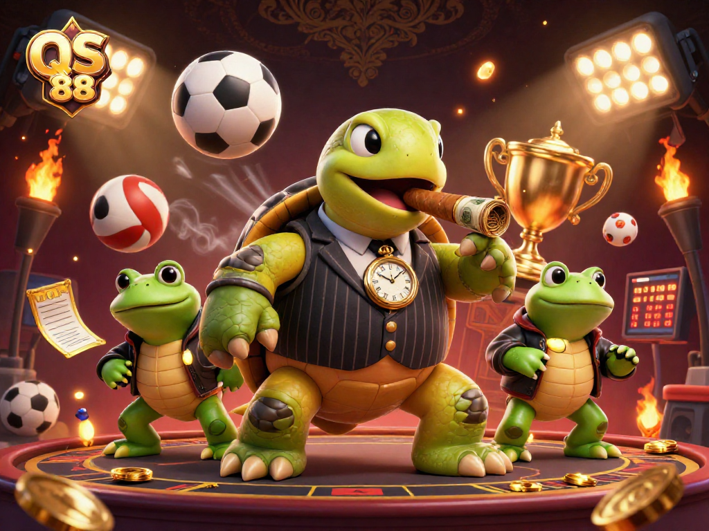 Experience thrilling moments with QS 88 in this vibrant 3D casino scene featuring a snapping turtle and bullfrog enforcers.