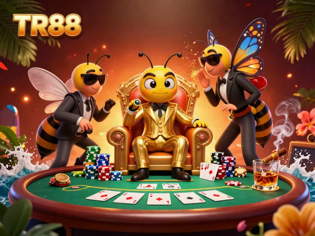 Experience the excitement of TR88 casino gaming with vibrant characters and dynamic poker elements.