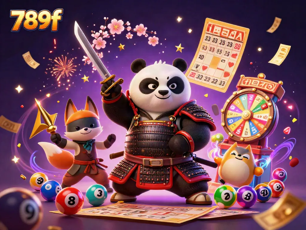 Engage in thrilling gameplay with 789f featuring a samurai panda and ninja fox amidst lottery excitement.