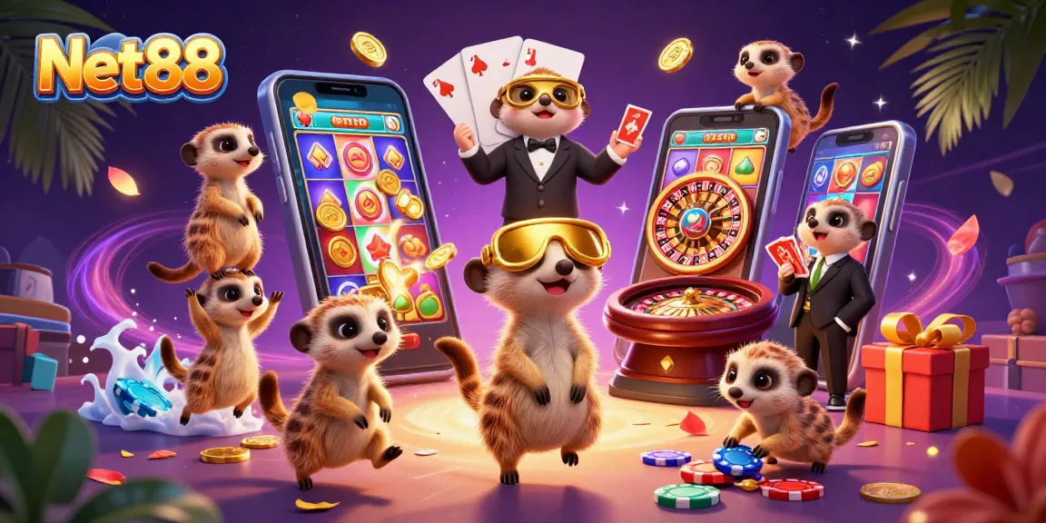 Engage with Net88's thrilling casino adventure featuring meerkats managing colorful slots and chips.