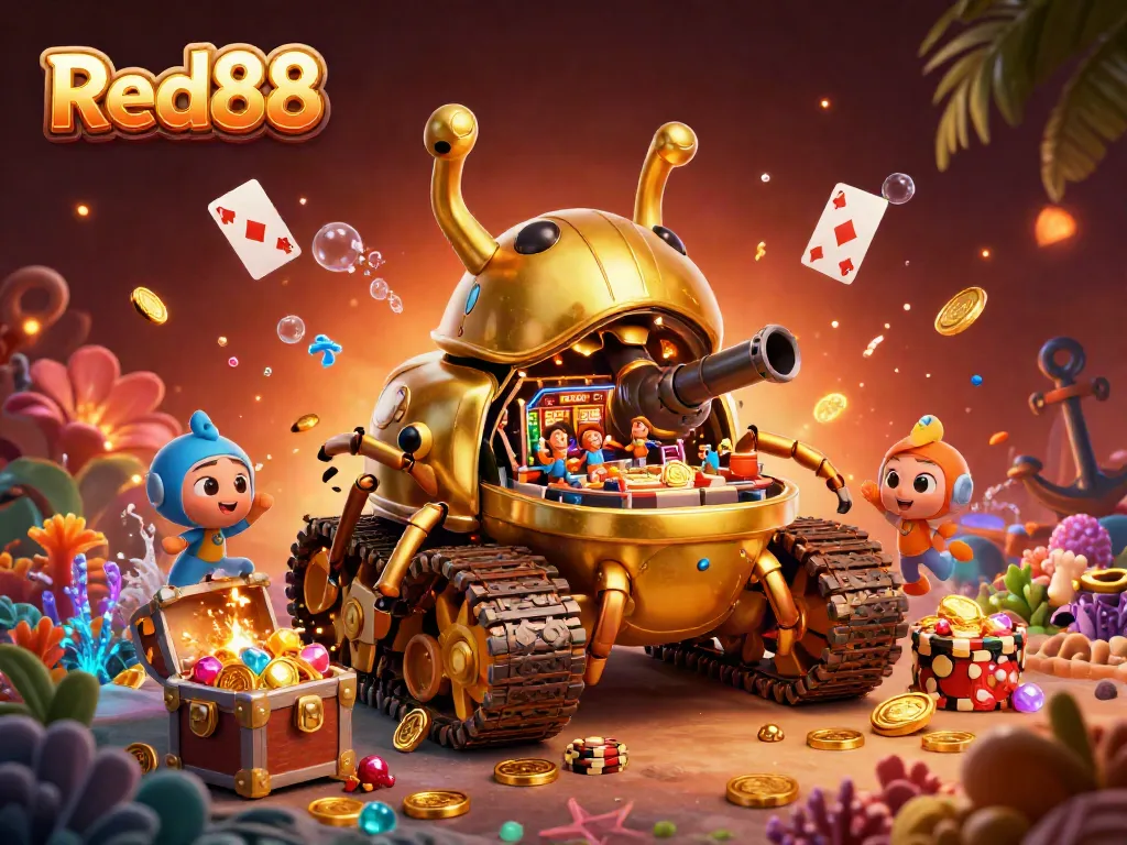 Experience the vibrant energy of Red88's 3D casino scene with dynamic elements and golden visuals.