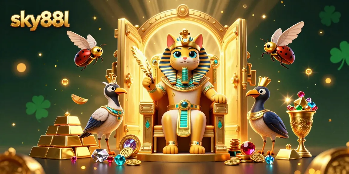 Engage with sky88l as the Egyptian pharaoh cat rules the casino realm, surrounded by treasures and gaming glory.