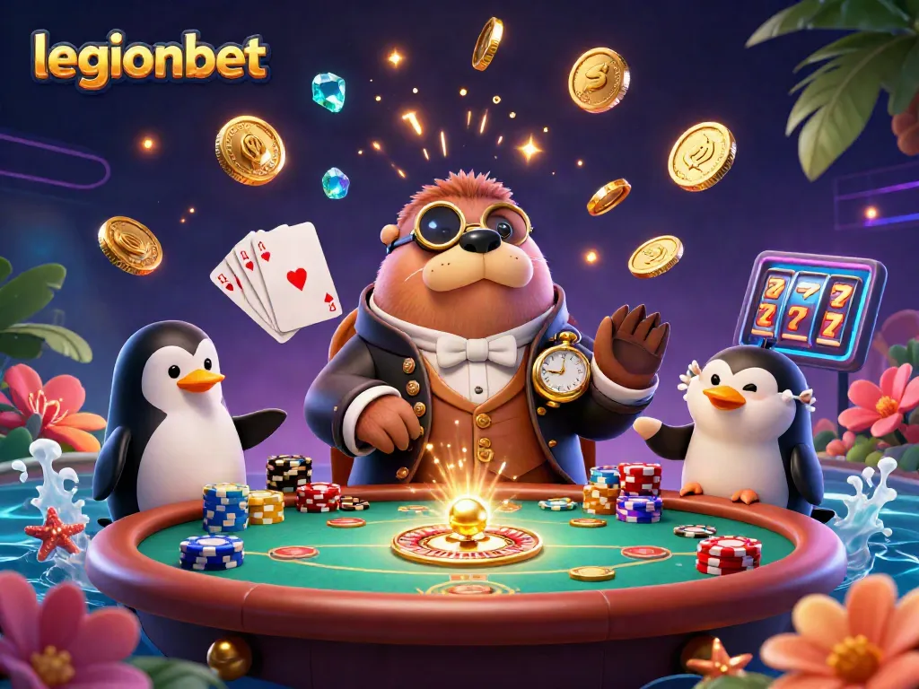 Experience thrilling moments at legionbet with a jolly walrus playing poker underwater, surrounded by vibrant casino elements.