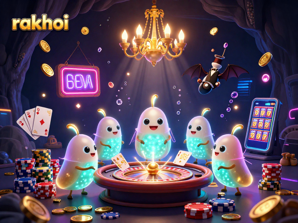 Experience the thrill of rakhoi as glowing teams illuminate a dynamic cave casino setting.