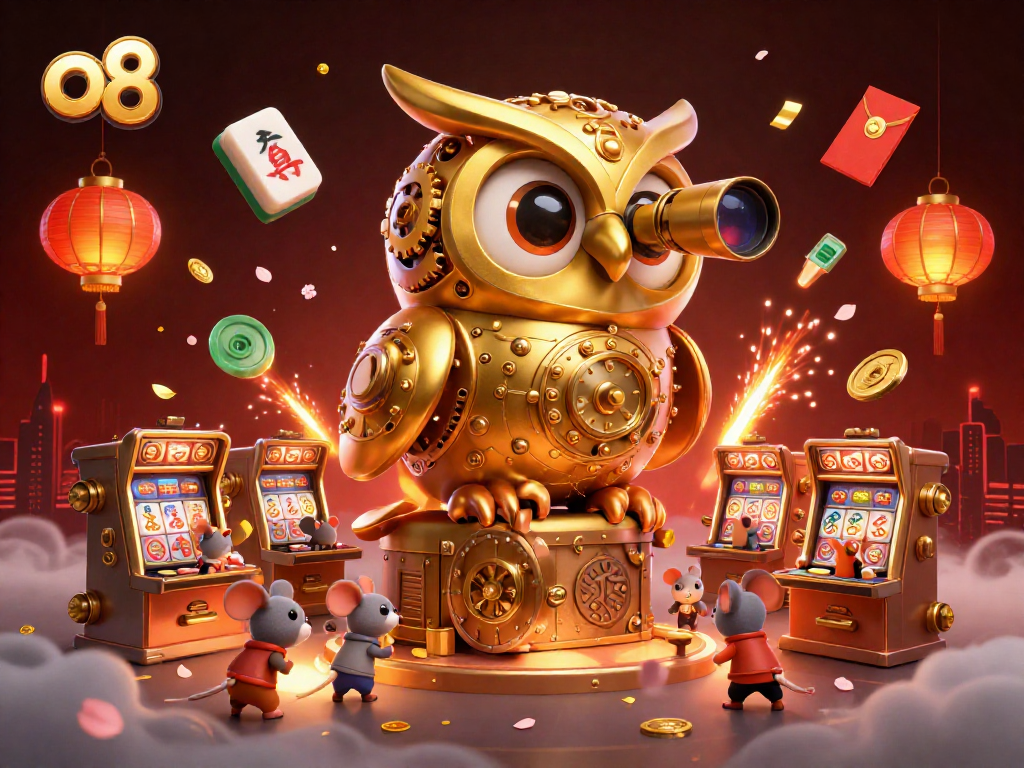 Engage with exciting o8 casino action featuring a grand golden owl overseeing vibrant slot machines and festive elements.