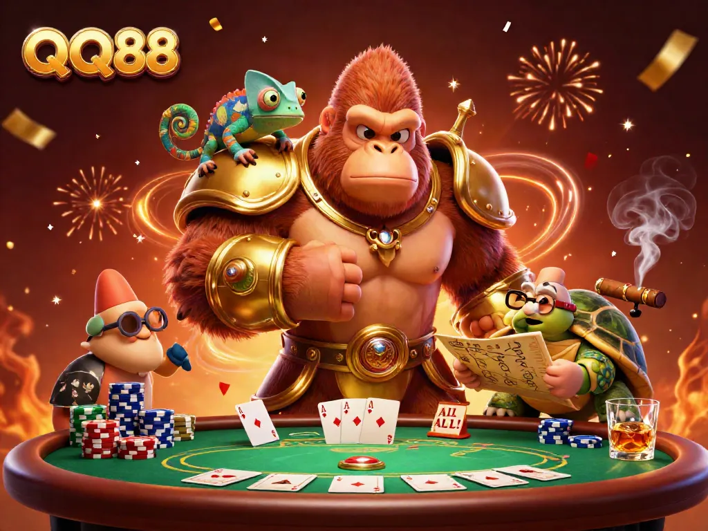 Experience the excitement of QQ88's dynamic casino environment with colorful chip stacks and a poker showdown.
